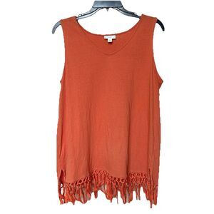 J Jill Tunic Top Lg Sleeveless Orange Tassels Pullover V Neck Boho Coastal